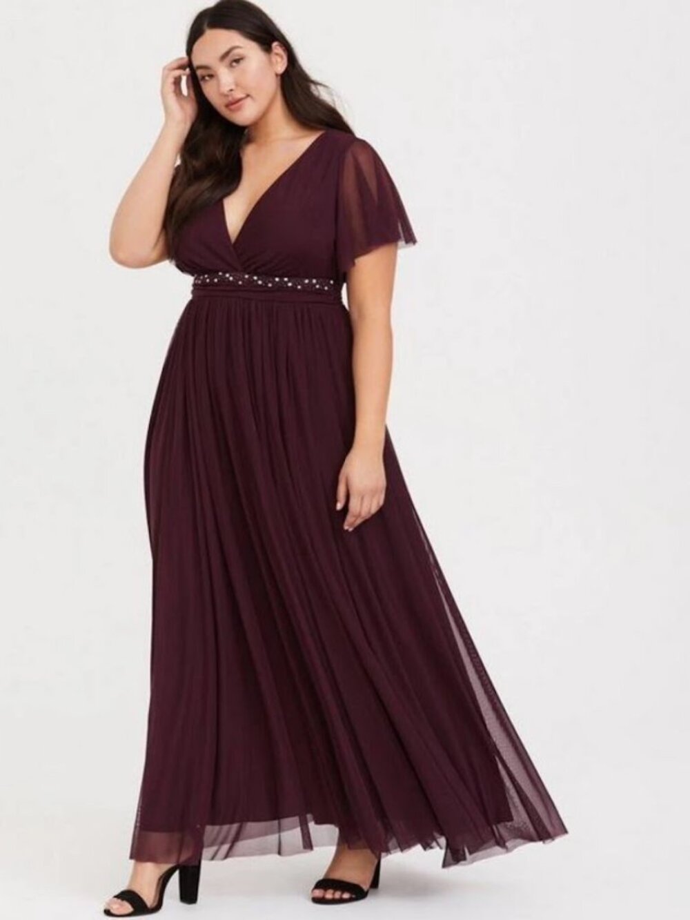 Torrid Maxi Mesh Empire Waist Gown Burgundy Size 2 Event Formal Wedding V-Back